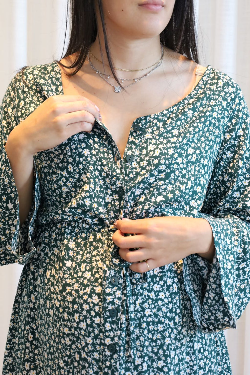 Long-sleeved floral dress - fern green