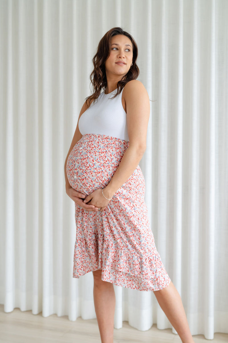 Beige skirt and red top best sale