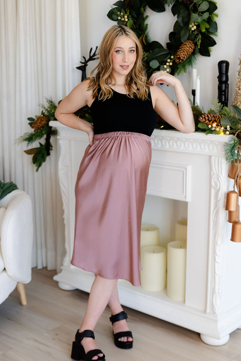 Silky satin skirt (elastic waist) - rose dust