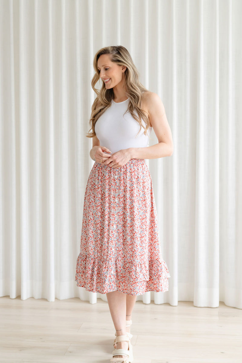 Floral flounce skirt - beige & red