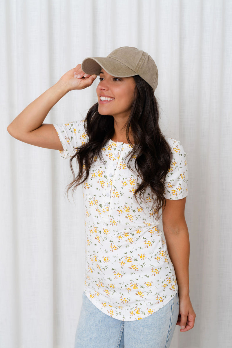 Fluid button down t-shirt - brown & yellow floral