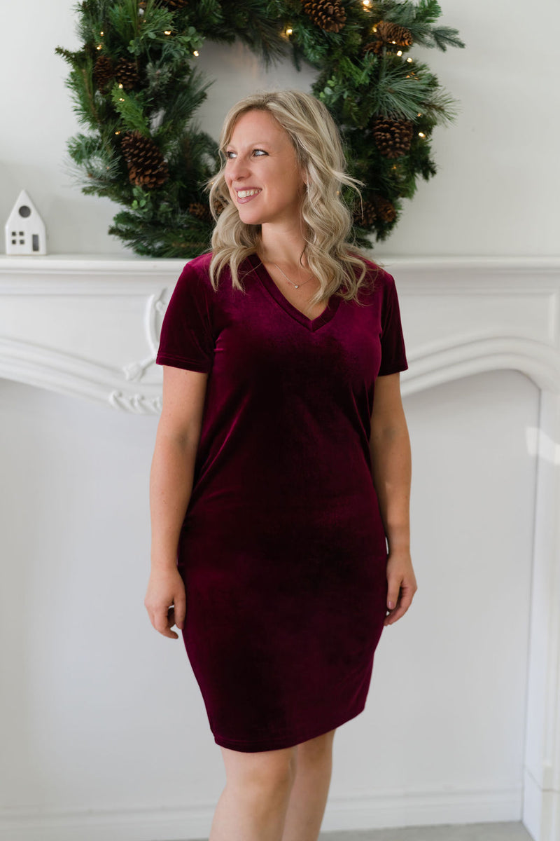 INTRIGUE V neck dress - passion red velvet